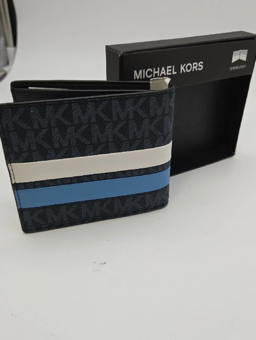 Michael Kors Black Wallet with White & Blue Stripes